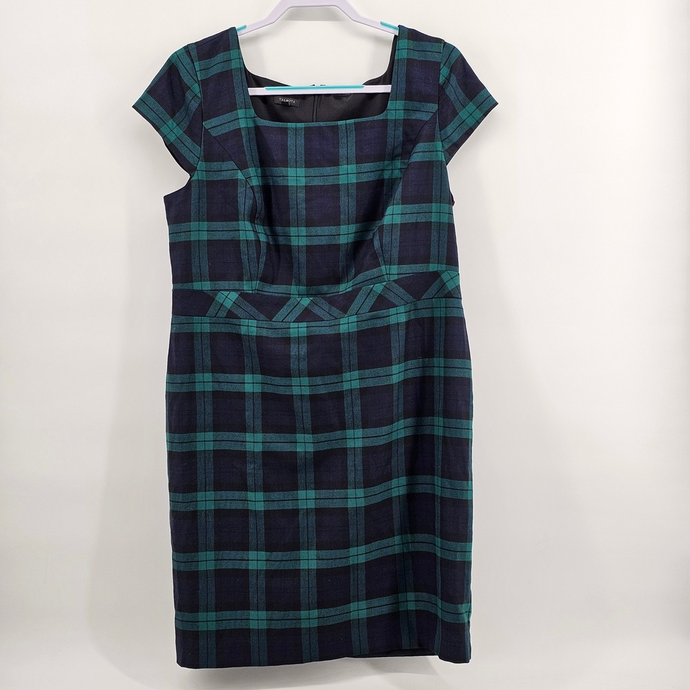 Talbots Plaid Sheath Dress 14P Green Navy Wool Blend Cap Sleeve Square Neck - Picture 1 of 6